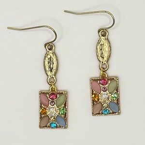 Gold Multi-Color Crystal Mosaic Dangle Earrings